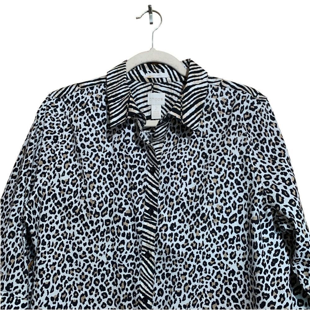 Chico's Womens Size Large Multicolor Animal Print Cotton Button Up Shirt Blouse - Picture 2 of 7